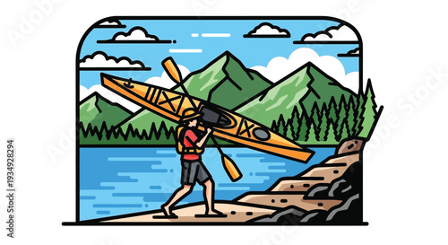 Illustration of a person carrying a yellow kayak on their shoulder by a serene lake with mountains and forest in the background.