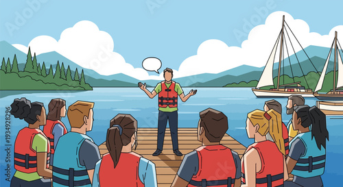 An instructor addresses a group of people wearing life vests on a dock by a scenic lake with sailboats and mountains.