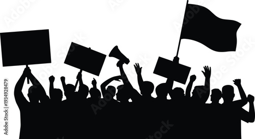 Silhouette of protesting crowd holding banners and flag during political demonstration, social activism rally, public protest movement concept isolated on white background