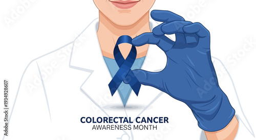 Illustration of a doctor's torso with a blue ribbon and text reading 'Colorectal Cancer Awareness Month' on a white lab coat, conveying support and education for colorectal cancer awareness.