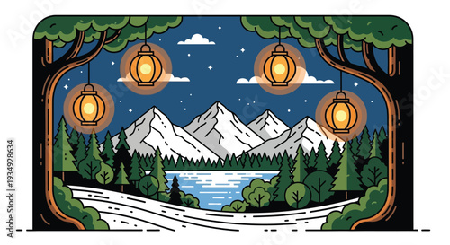 A beautifully illustrated night landscape with snow-capped mountains, a serene lake, evergreen forests, and glowing lanterns hanging from trees under a starry sky.