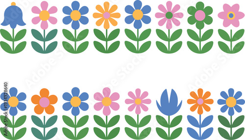 flat-design flower icons and borders featuring daisies and bellflowers for spring and garden design.