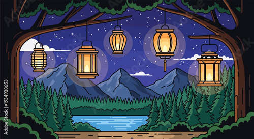 Stylized pixel art illustration of a serene night landscape with glowing lanterns hanging from trees over a lake and mountains.