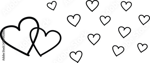 Black and white illustration of intertwined hearts with floating hearts