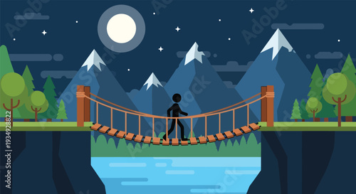 A lone silhouette figure walks across a precarious rope bridge over a river canyon at night, with snow-capped mountains and a full moon in the background.