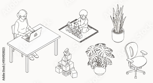 Isometric line art icons of daily life elements: woman working from home, child playing, office chair, and houseplants. Minimalist vector illustration set.