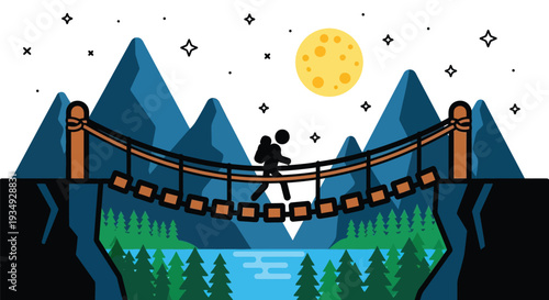 A minimalist illustration of a lone hiker crossing a rope bridge over a chasm at night, with mountains, a forest, a river, and a full moon in the starry sky.