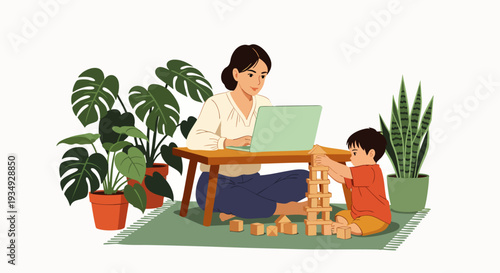 Mother working from home on laptop, balancing professional tasks with childcare as her child plays with blocks, surrounded by plants.