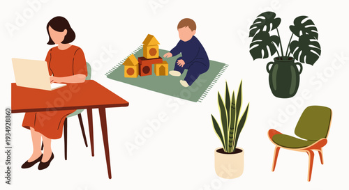 Home life and remote work illustration set. Woman working on laptop, baby playing, plants, and furniture. Modern flat design for lifestyle concepts.