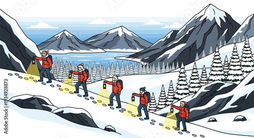 Five people in red jackets with lanterns hiking up a snowy mountain path with a lake and mountains in the background under a blue sky.