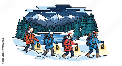 Four hikers with backpacks and lanterns trekking through a snowy mountain landscape at night under a starry sky.