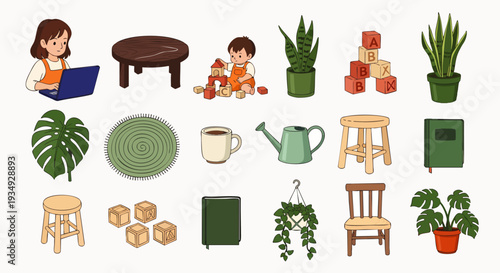 Collection of home decor, children's toys, and plants for a cozy and modern lifestyle, flat design elements.