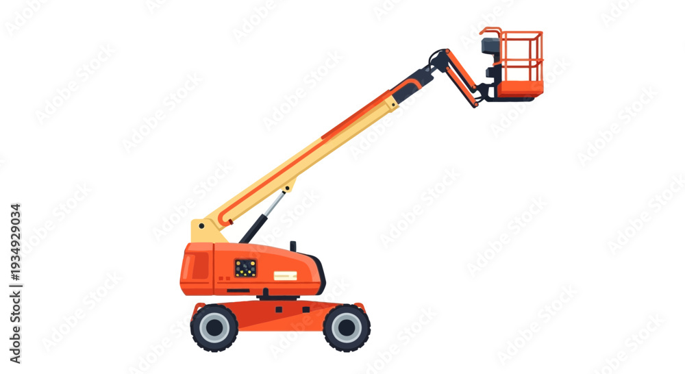 Fototapeta premium Orange articulated boom lift with basket on white background