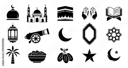 islamic Ramadan and Eid Mubarak icons Set black Design on Transparent Background, Vector illustration