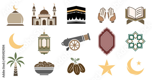 Modern Islamic Ramadan and Eid Symbols Set Design on White Background, Vector illustration