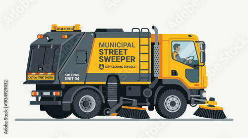 Municipal Street Sweeper Truck with Driver on White Background