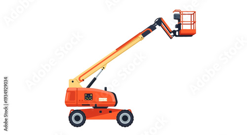 Orange articulated boom lift with basket on white background