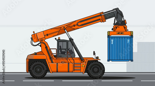 Orange container handler lifting blue cargo box in logistics terminal