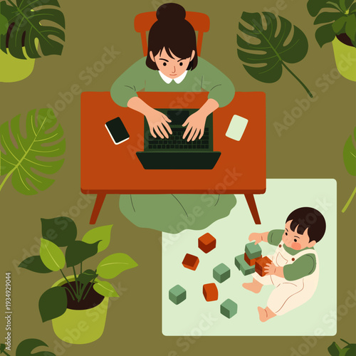 Working mother balancing remote work and childcare at home, surrounded by lush houseplants. Modern flat illustration of a busy mom and her baby.