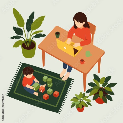 Isometric illustration of a mother working on a laptop at home, with her child playing with blocks on a rug, depicting work-life balance.