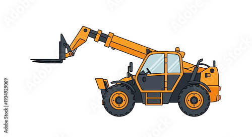 Orange Telehandler Forklift with Extended Boom on White Background