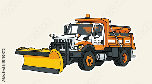 Orange Snow Plow Truck with Yellow Plow Blade