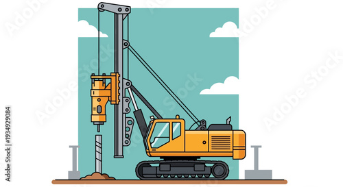 Pile driver machine on construction site, building foundation
