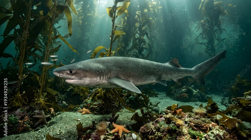 Fototapeta premium Underwater shark swimming through kelp forest with natural sunlight