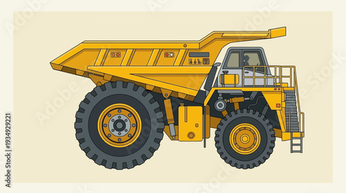 Yellow mining dump truck illustration, side view.