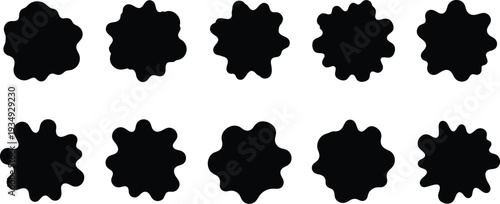 Identical black abstract shapes arranged in two rows