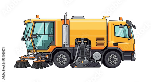 Yellow street sweeper truck illustration on white background