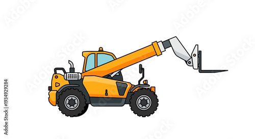 Yellow telehandler forklift truck with extended boom and forks, isolated on white.