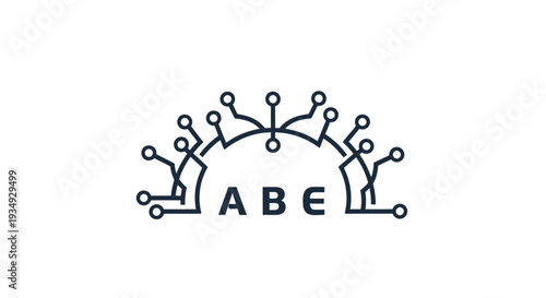 Crown-shaped emblem with arc, lines, and ABE letters forming a modern blue logo design.