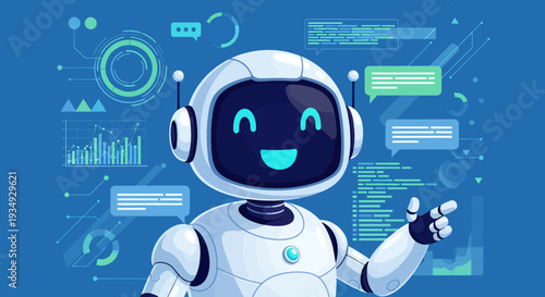 Cheerful humanoid robot mascot flashing a friendly gesture with tech-themed backdrops and futuristic design elements.