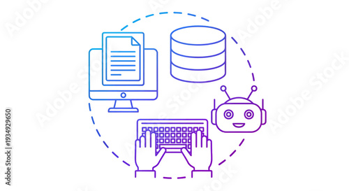 Illustration of technology ecosystem featuring a computer, database, and coder at work.
