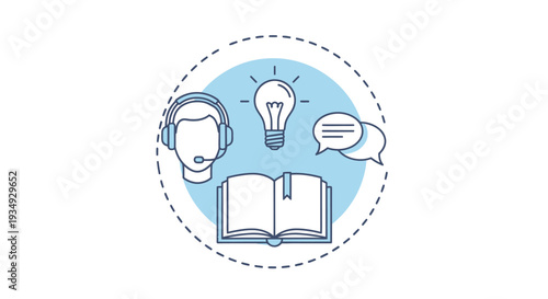Education and learning icons: book, lightbulb, speech bubble, and headset illustration.