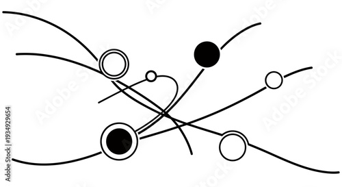 Abstract black and white vector lines with circles and orbs forming a modern geometric composition.