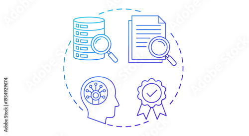 Infographic style illustration of data analysis, research documents, and certification badges.