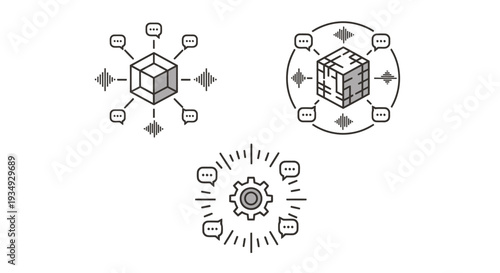 Technology and systems concept icons showing interconnected cube, data network, and automation gear.