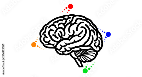 Illustrated brain with colorful surrounding dots representing abstract neuroscience concept.