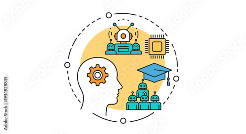 Educational illustration of scientific thinking, collaboration, and learning tools in a digital era.