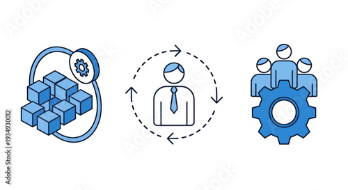 Illustration of business process optimization with teamwork and workflow icons.