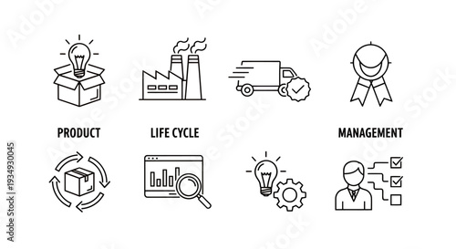 Product life cycle management icons illustrating workflow and development stages in business.