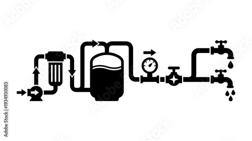 Detailed flat black silhouette illustration of a water management system, featuring a pump, filter, tank, pressure gauge, valves, and faucets, symbolizing water supply and purification processes.