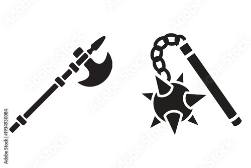 Set of 2 medieval weapon icons vector with axe and flail