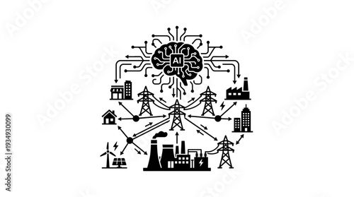AI-controlled power grid icon with a brain symbol, illustrating smart energy distribution, smart city technology, renewable energy sources like wind and solar, and industrial connections.