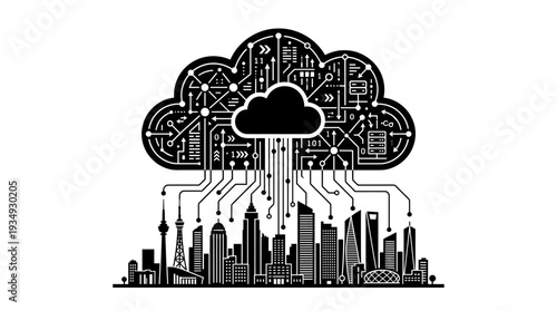 Digital cloud computing icon integrated with a city skyline silhouette, representing big data, artificial intelligence, and smart city technology infrastructure connecting urban environments.