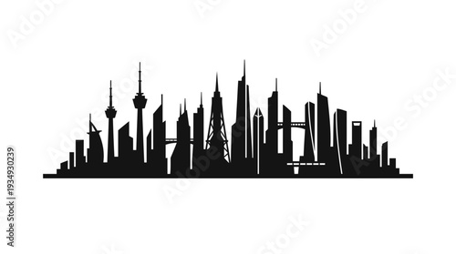 Black silhouette of a sprawling, futuristic megacity skyline with diverse skyscrapers, towers, and bridges, showcasing a dense and advanced urban landscape against a white background.