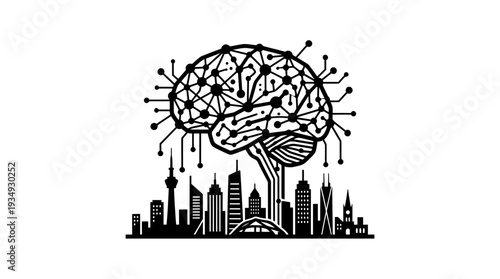 Abstract black and white illustration of a human brain connected to a city skyline, symbolizing artificial intelligence, smart city concepts, and technological integration in urban environments.