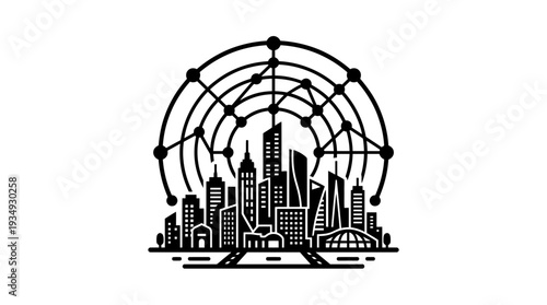 Black silhouette of a modern city skyline enclosed within a circular digital network grid, representing smart city concepts, data connectivity, and technological integration in urban environments.